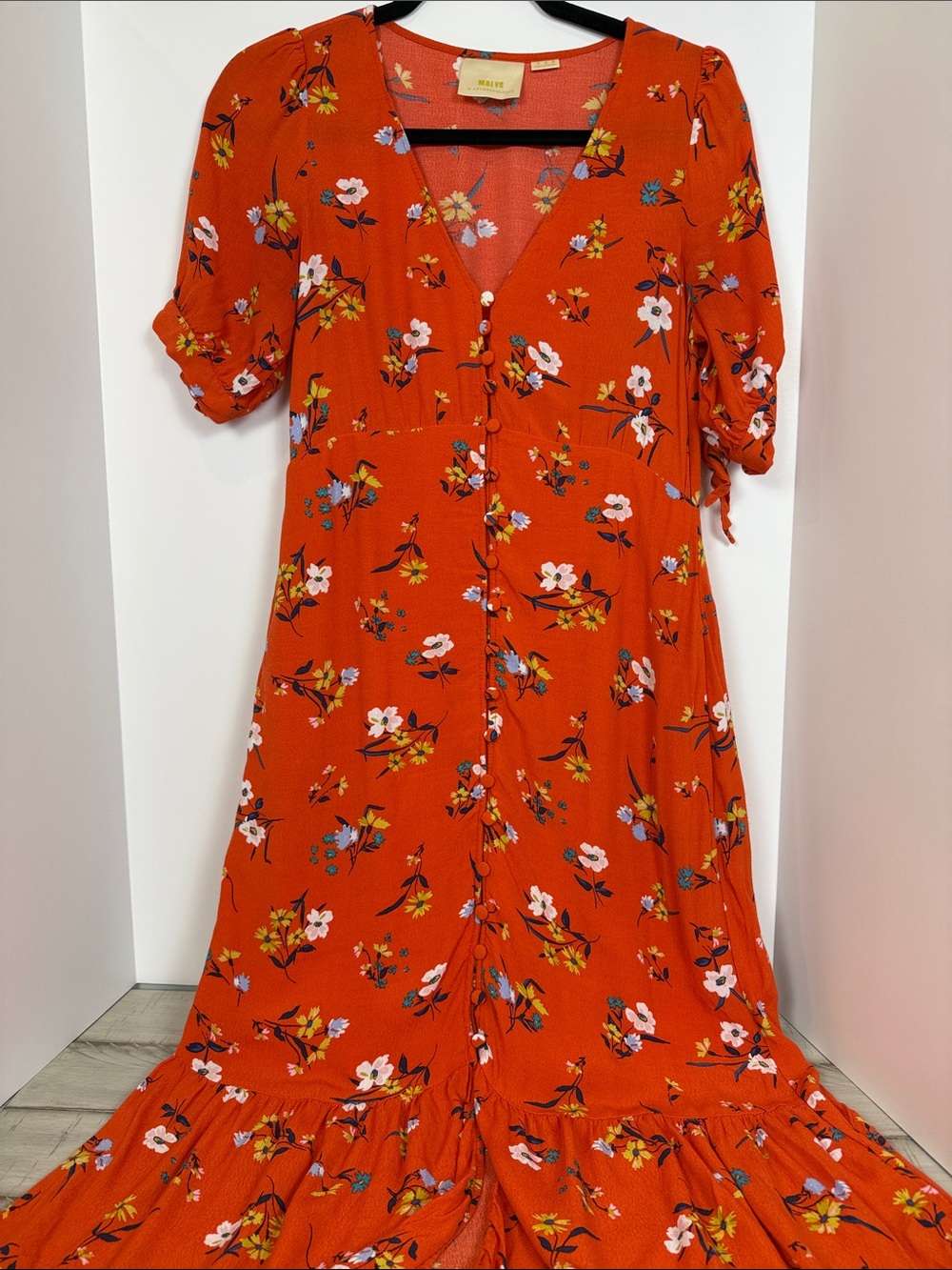 Anthropologie Maeve Eudora Tomato Red Orange Floral Midi Dress Size 2
